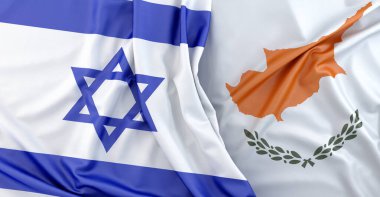 İsrail ve Kıbrıs 'ın kumaş dalgalı bayrakları tasarım için arka plan oluşturuyor. 3B görüntüleme