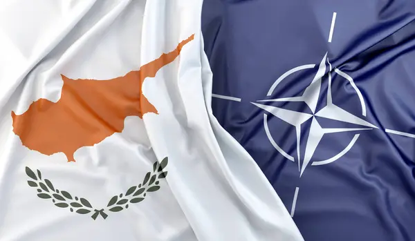 stock image Flags of Cyprus and North Atlantic treaty organization waving together. 3D rendering