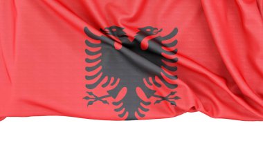 Arnavutluk bayrağı beyaz arka planda izole edilmiş ve altında kopya alanı var. 3B görüntüleme