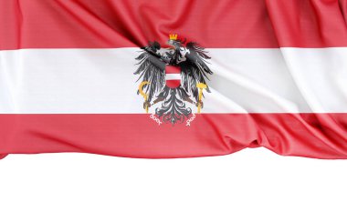 Avusturya bayrağı, beyaz arka planda izole edilmiş Arms arması ve altında kopyalama alanı var. 3B görüntüleme