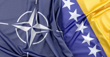 Flag of Bosnia and Herzegovina and flag of North Atlantic Alliance (NATO) organization lying together. 3D Rendering clipart