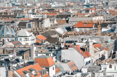 Güneşli bir günde Budapeşte şehrinin çatılarında inşaat vinci yükseliyor.