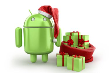 Palo Alto, California - 5 Ekim 20243 Android robotu Noel Baba şapkası takarak ve hediyelerle çevrili bir şekilde Noel 'i kutluyor. İllüstrasyon başyazısı. 3B illüstrasyon