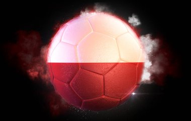 Polonya bayraklı futbol topu siyah zemin üzerinde duman ve parçacıklar bulutu içinde patlıyor. 3B illüstrasyon