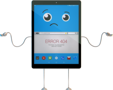 Üzücü karikatür tableti kablolarla bağlanır ve ekranında bir hata 404 iletisi görüntülenir