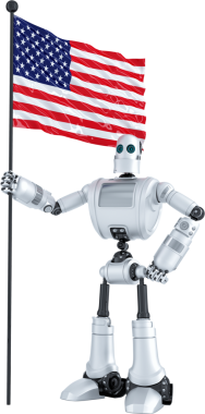 Robot bir Amerikan bayrağı tutuyor, Birleşik Devletler 'de yapay zekanın yükseldiğini gösteriyor.