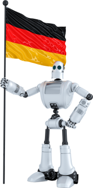 Fütürist robot gururla elinde bir Alman bayrağı tutuyor. Beyaz arka plana karşı vatanseverliği ve yeniliği simgeliyor.