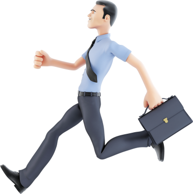 Kararlı işadamı elinde bir çantayla enerjik bir şekilde koşar. Üç boyutlu bir resimde özgüven ve hırs yayar.