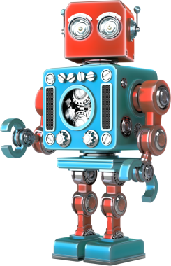 Elinde ingiliz anahtarı olan Retro robot, klasik bir tasarım ve oyuncu bir kişilik sergiliyor.