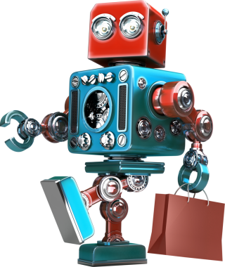 Mavi ve kırmızı renkli robot beyaz arka planda kırmızı bir alışveriş çantası taşıyor.