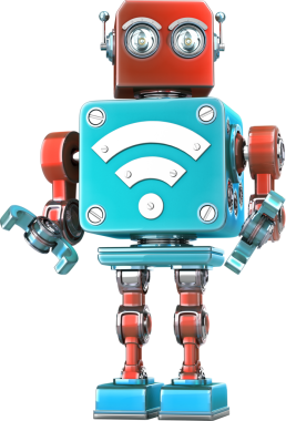 Mavi ve kırmızı vintage robot ayakta duruyor ve göğsündeki kablosuz internet sembolünü gösteriyor.