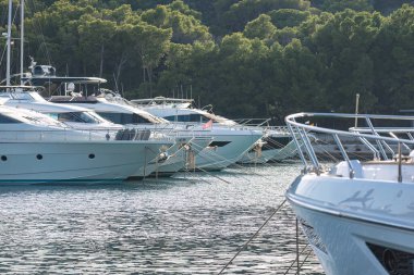 Modern beyaz yatlar, rogoznica, Hırvatistan 'daki pitoresk bir marinaya yanaşıyor ve ışıldayan denize karşı lüks bir ortam yaratıyor.