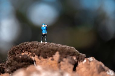 Yosunlu bir tepede duran minyatür fotoğrafçı kamerasıyla doğanın güzelliğini yakalıyor.