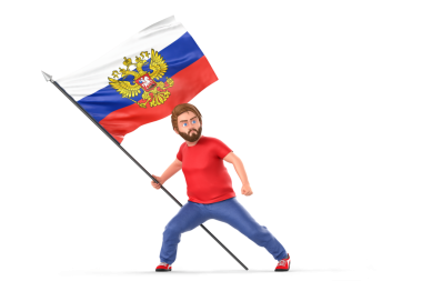 Çizgi filmci adam Rus bayrağını sıkıca tutuyor ve gururla sergiliyor. Ulusal gurur ve kimliği simgeliyor. 3B Hazırlama
