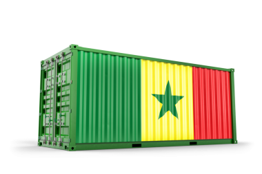 Senegal Bayrağı taşıyan kargo konteyneri mal ve ürünlerin ithalat, ihracat ve küresel lojistiğini gösteriyor. 3B Hazırlama
