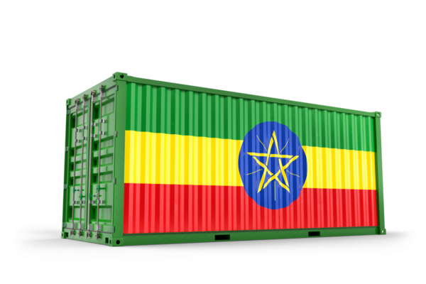 Etiyopya bayrağını gösteren yeşil kargo konteynırı nakliye, ithalat, ihracat ve küresel lojistiği temsil ediyor. 3B Hazırlama