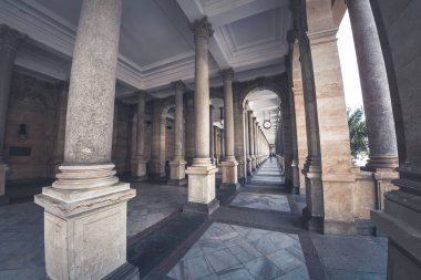 Mill Colonnade, Çek Cumhuriyeti 'nin Karlovy Vary kentindeki güzel mimarisini simetri ve sütunlarıyla gösteriyor.