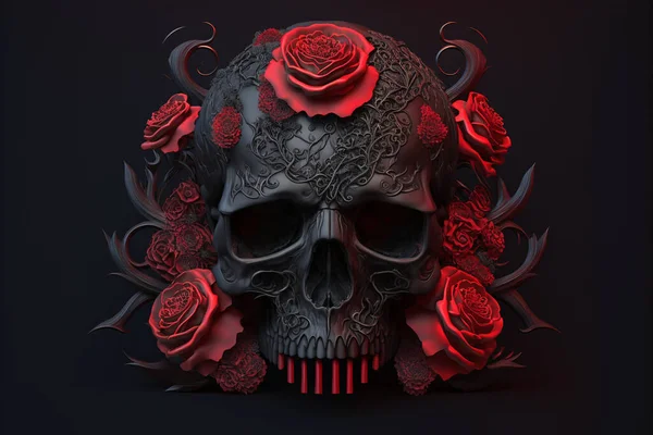 Skull with red roses. Halloween background.