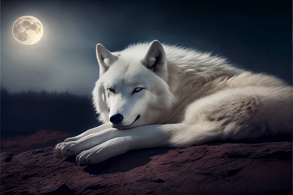 White Alpha Wolf During Full Moon