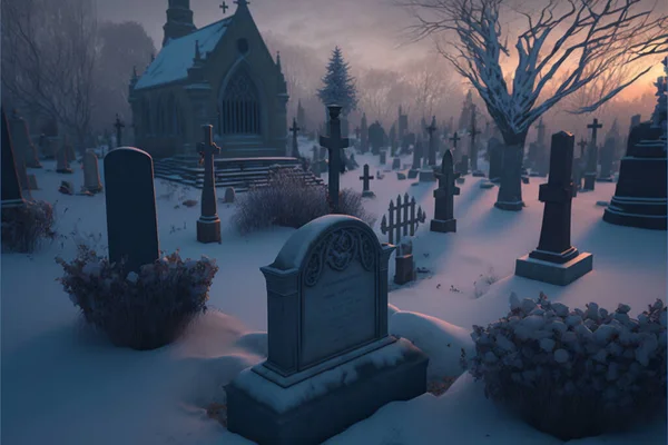 Graveyard At Night - Spooky Cemetery With Moon. Halloween festival concept.Digital art, 3D illustration