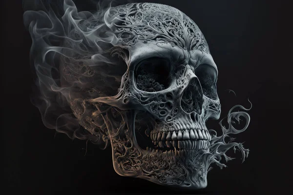Scary skull emerging from a cloud of smoke. Halloween background.