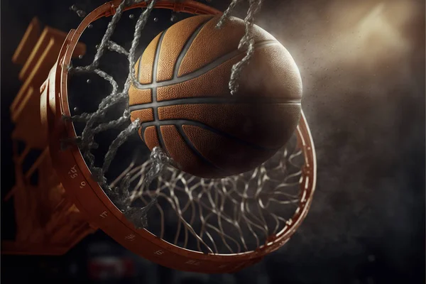 Basketball in hoop in arena lights