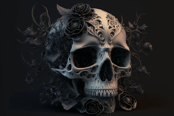 Skull with black roses. Halloween background.