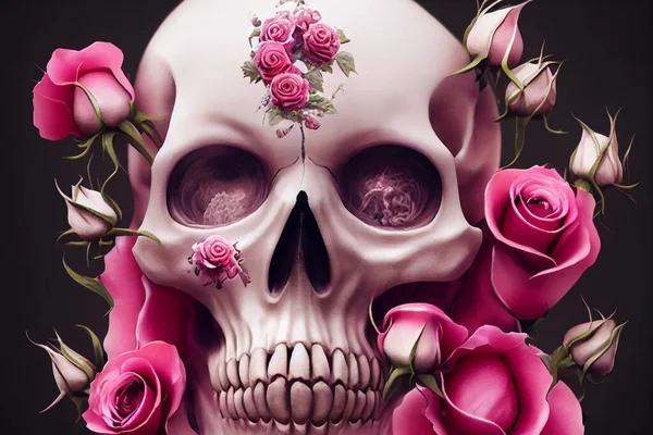 Skull with pink roses. Halloween background.Digital 3D illustration