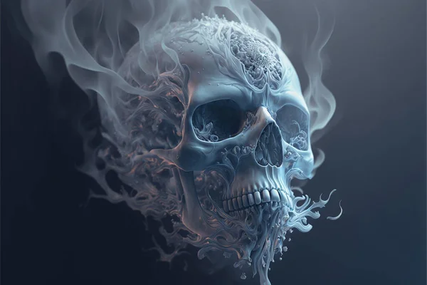 Scary skull emerging from a cloud of smoke. Halloween background.Digital 3D illustration