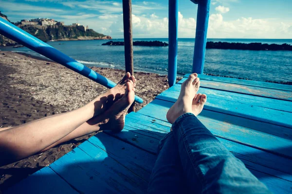 Closeup Photo Women Legs Blue Wooden Pier Sea Summer Vacation — Stock fotografie