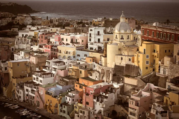 View Port Corricella Lots Colorful Houses Sunset Procida Island Italy — Stok fotoğraf