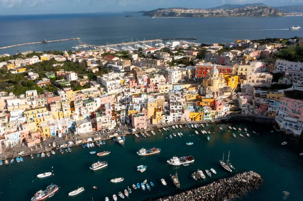 View Port Corricella Lots Colorful Houses Sunny Day Procida Island — Foto de Stock