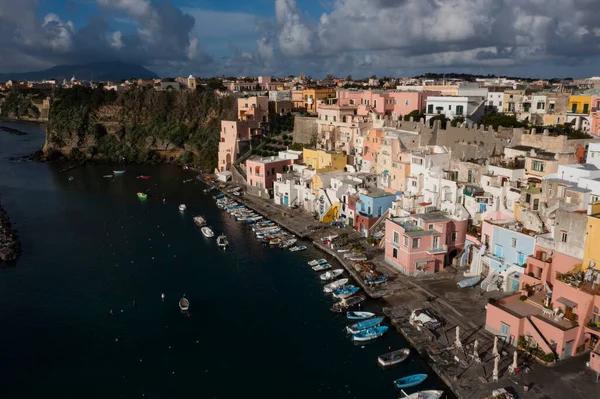 View Port Corricella Lots Colorful Houses Sunny Day Procida Island — Stock fotografie