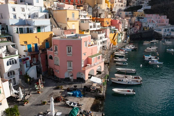 View Port Corricella Lots Colorful Houses Sunny Day Procida Island — стоковое фото
