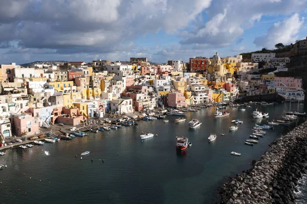 View Port Corricella Lots Colorful Houses Sunny Day Procida Island — Photo