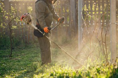 Çim biçme makinesiyle çimleri biçmek. Bahçe işleri konsepti.