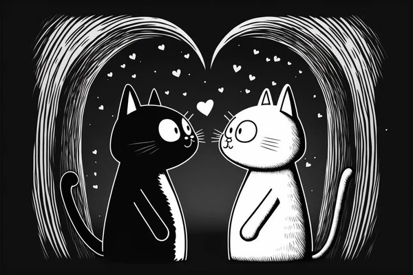 Cats in love black and white cartoon illustration