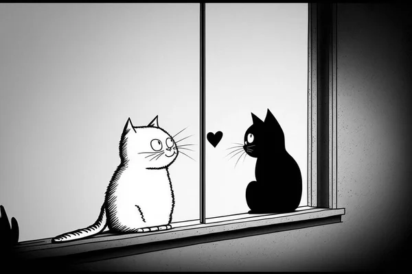 Cats in love black and white cartoon illustration