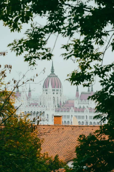Panorama Med Bygging Ungarsk Parlament Ved Donau Elven Budapest Ungarn – stockfoto