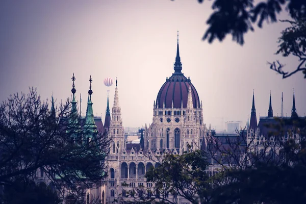 Panorama Con Costruzione Del Parlamento Ungherese Sul Danubio Nella Città — Foto Stock