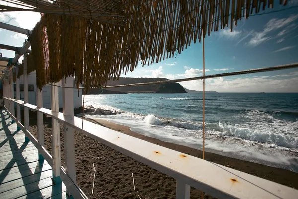 Accogliente Terrazza Sulla Spiaggia Vista Idilliaca Sul Mare Concetto Vacanza — Foto Stock