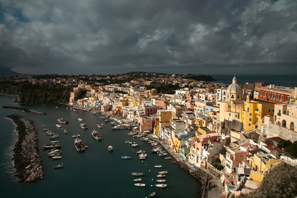 View Port Corricella Lots Colorful Houses Sunny Day Procida Island — Foto Stock