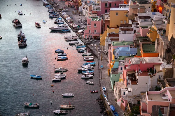 View Port Corricella Lots Colorful Houses Sunset Procida Island Italy — стоковое фото