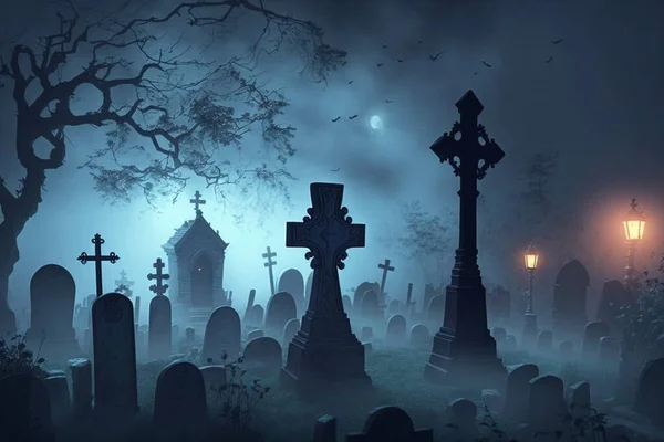 Graveyard At Night - Spooky Cemetery With Moon. Halloween festival concept.Digital art, 3D illustration