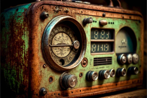 Retro old radio on table in front of a wall background. Retro, pastel colors.