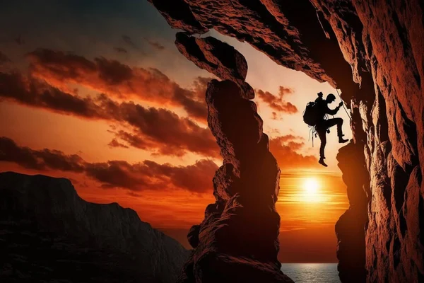 Man climbs up mountain, climber on rock wall at sunset
