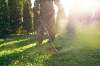 Çim biçme makinesiyle çimleri biçmek. Bahçe işleri konsepti.