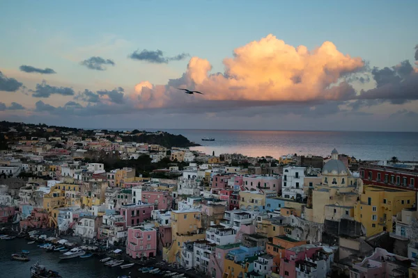 View Port Corricella Lots Colorful Houses Sunset Procida Island Italy — Photo