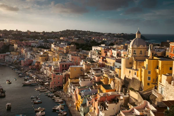 View Port Corricella Lots Colorful Houses Sunset Procida Island Italy — Stock fotografie