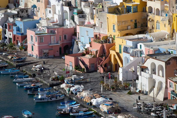 View Port Corricella Lots Colorful Houses Sunny Day Procida Island — Stockfoto